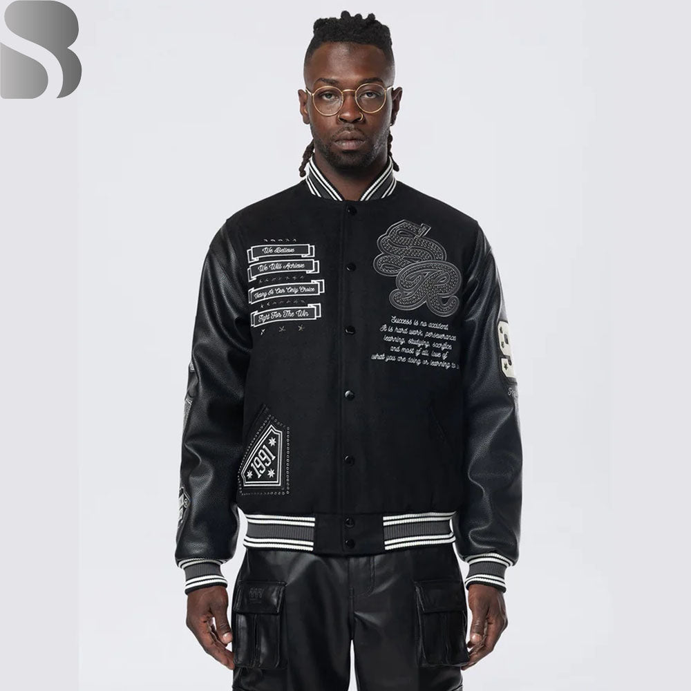 Studded Patched Varsity Jacket - Black MCM Bomber baseball Jacket