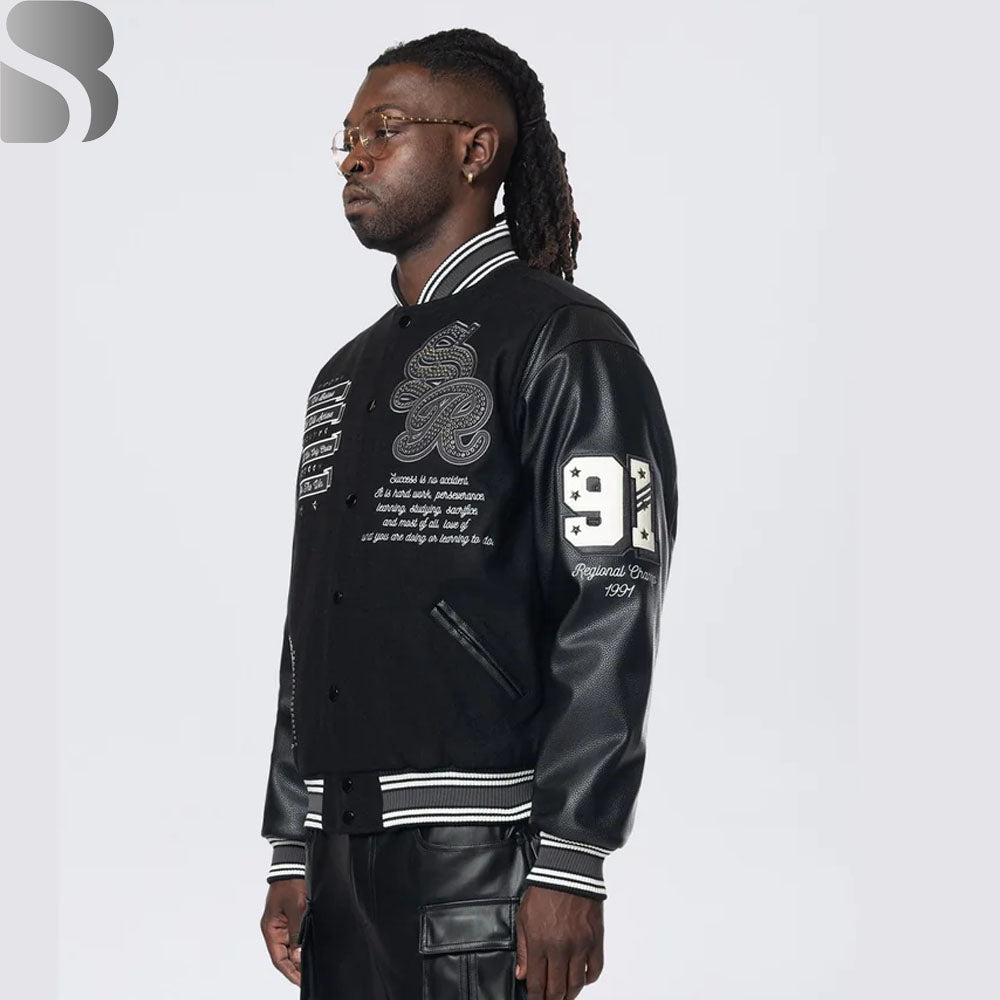 Studded Patched Varsity Jacket - Black MCM Bomber baseball Jacket