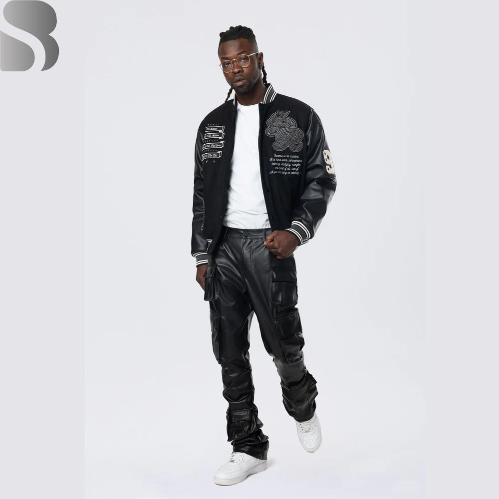 Studded Patched Varsity Jacket - Black MCM Bomber baseball Jacket