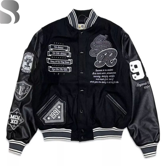 Studded Patched Varsity Jacket - Black MCM Bomber baseball Jacket