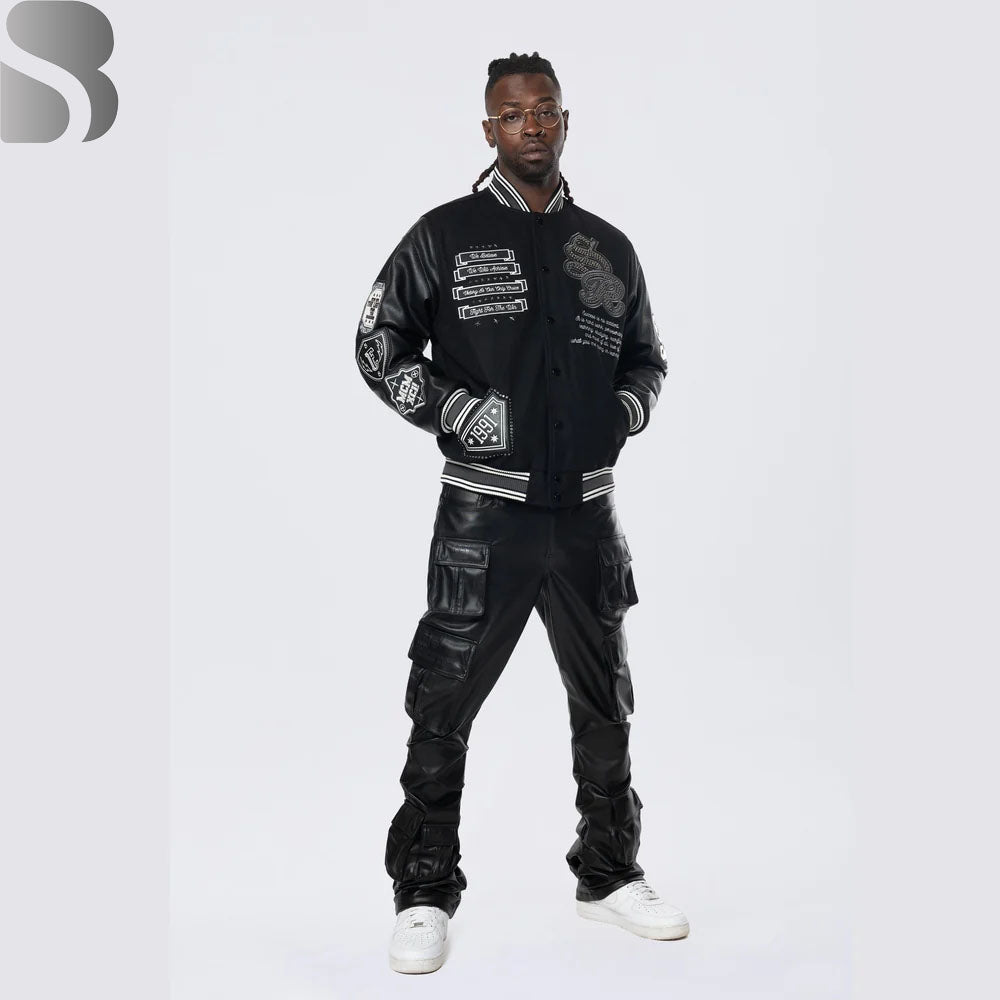 Studded Patched Varsity Jacket - Black MCM Bomber baseball Jacket